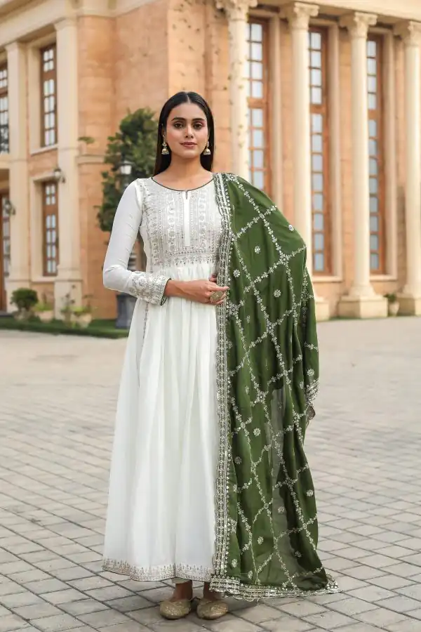 Fancy Green Color Chinon Silk Embroidery Sequence Salwar Suit