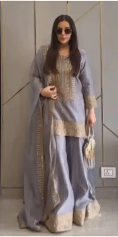 Fancy Grey Color Chinnon Silk Embroidery Sequence Salwar Suit