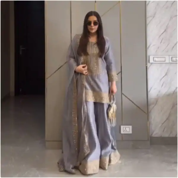 Fancy Grey Color Chinnon Silk Embroidery Sequence Salwar Suit