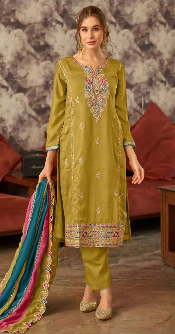 Fancy Mustard Vichitra Embroidery Codding Sequence Salwar Suit