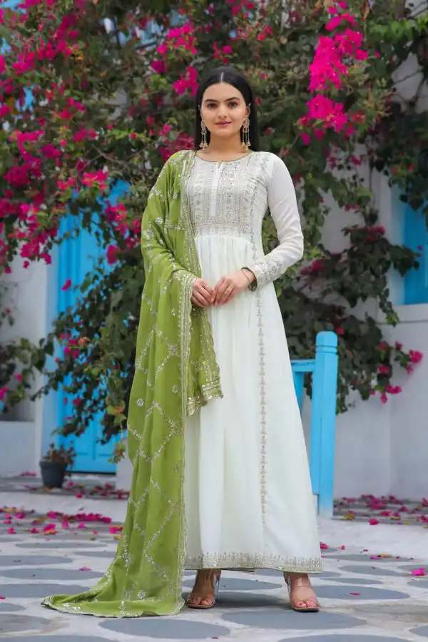 Fancy Olive Green Color Chinon Embroidery Sequence Salwar Suit