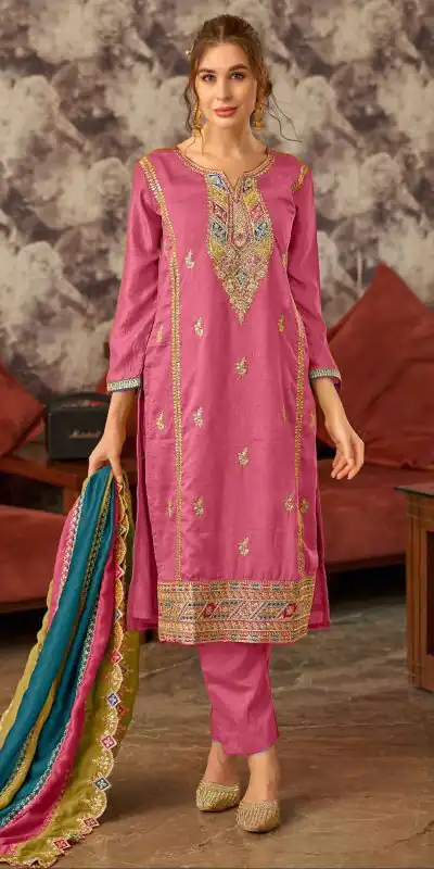 Fancy Pink Vichitra Embroidery Codding Sequence Salwar Suit