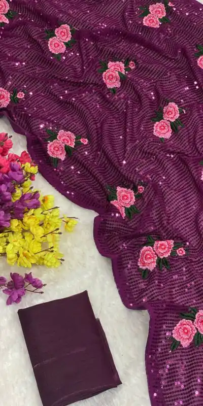 Fancy Purple Color Georgette Sequence Multi Thread Work Saree