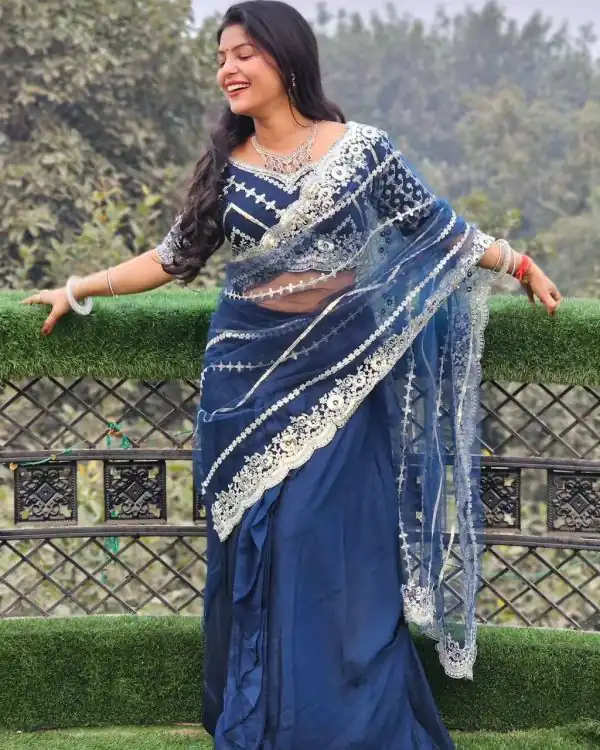 Fancy Royal Blue Blooming Vichitra Embroidery Lehenga Saree