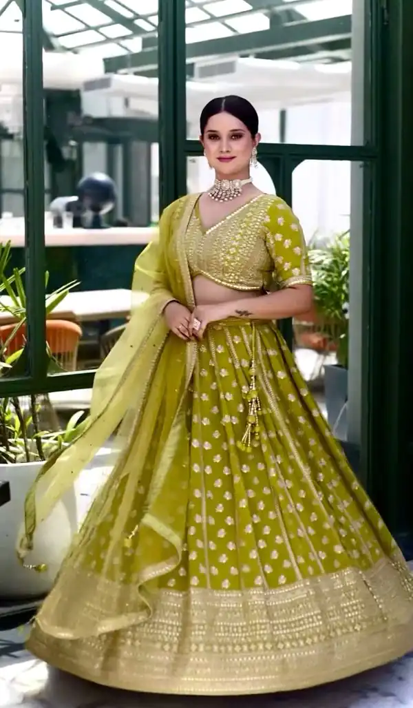 Fine Green Color Chinnon Silk Embroidery Sequins Lehenga Choli