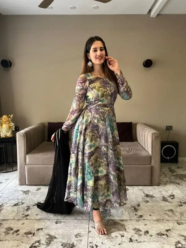 Fine Grey Color Tabhi Organza Material Digital Printed Anarkali Suit