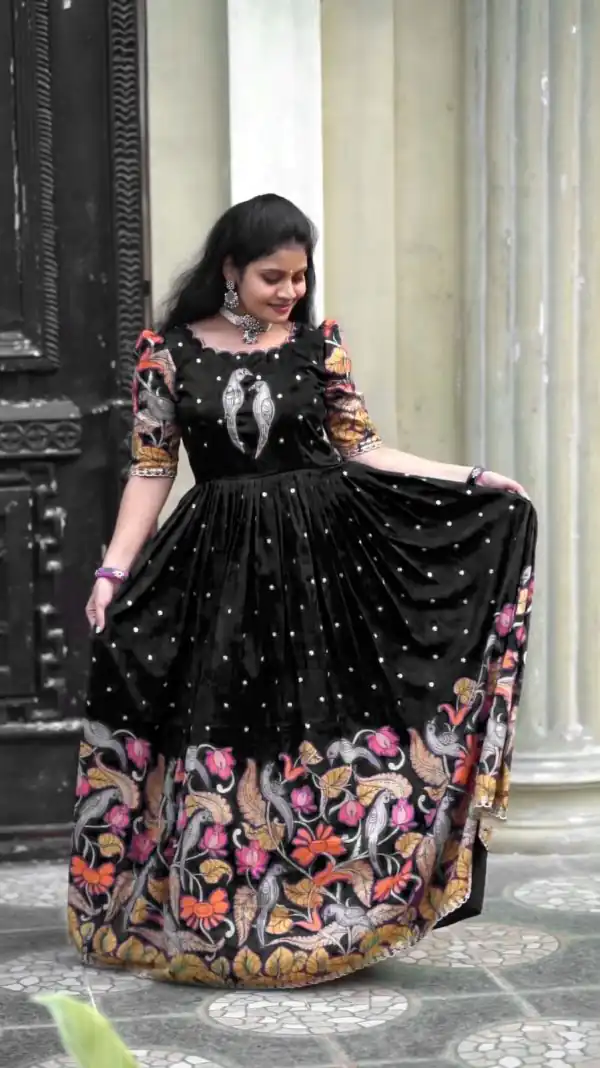 Glamorous Black Color Chant Crepe Kalamkari Printed Gown