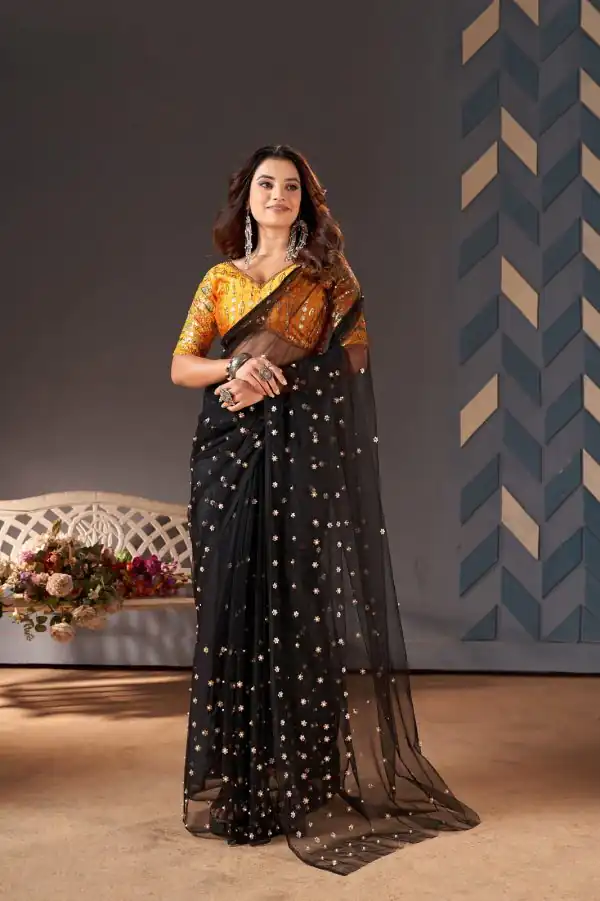Glamorous Black Color Heavy Butterfly Net Embroidery Saree
