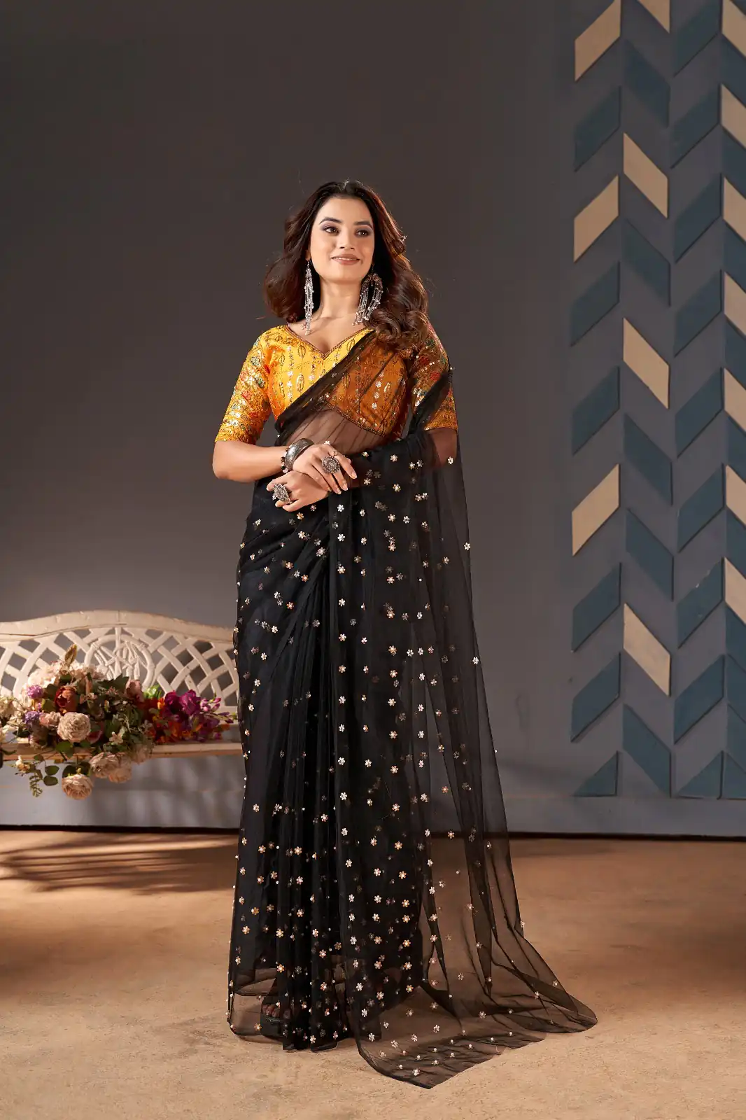 Glamorous Black Color Heavy Butterfly Net Embroidery Saree