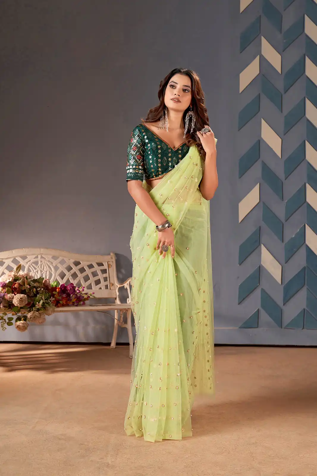 Glamorous Green Color Heavy Butterfly Net Embroidery Saree - Image 2
