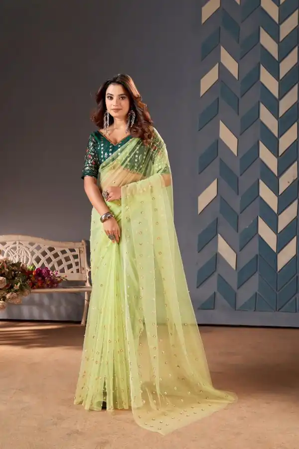 Glamorous Green Color Heavy Butterfly Net Embroidery Saree