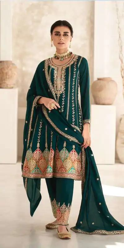 Glamorous Green Premium Silk Embroidery Work Sharara Suit