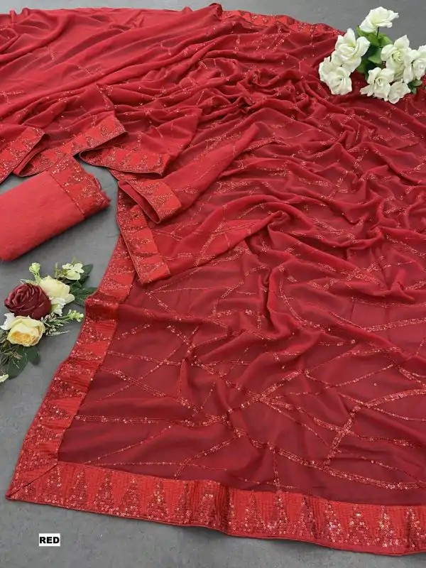 Glamorous Red Color Georgette Sequins Embroidery Work Saree