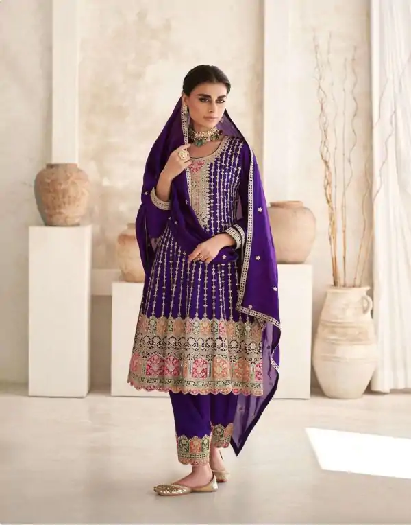 Glamorous Violet Premium Silk Embroidery Work Sharara Suit