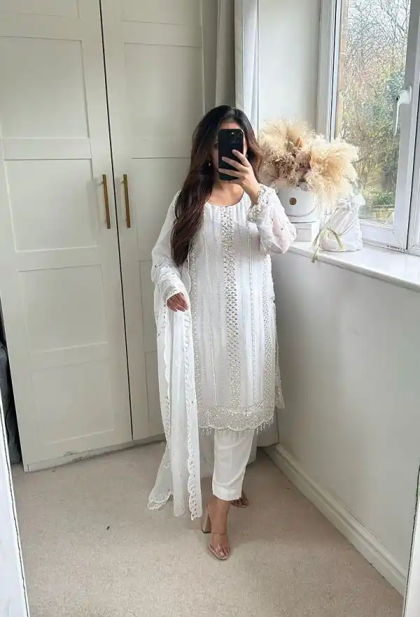 Glamorous White Color Faux Georgette Embroidery Salwar Suit
