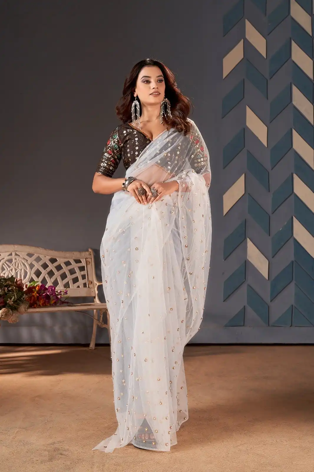 Glamorous White Color Heavy Butterfly Net Embroidery Saree - Image 2