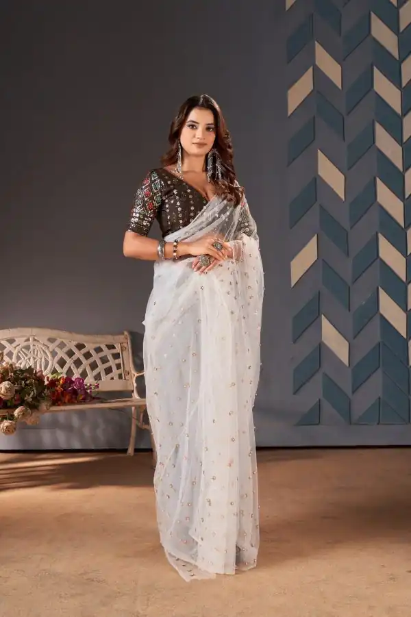 Glamorous White Color Heavy Butterfly Net Embroidery Saree