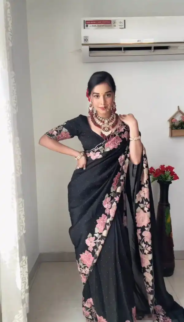 Gorgeous Black Faux Georgette Three With Pearl Work Saree