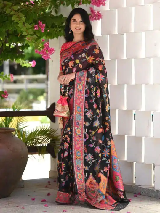 Graceful Black Color Kashmiri Running Thread Zari Work Saree