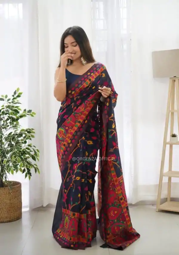 Graceful Black Color Kashmiri Running Thread Zari Work Saree