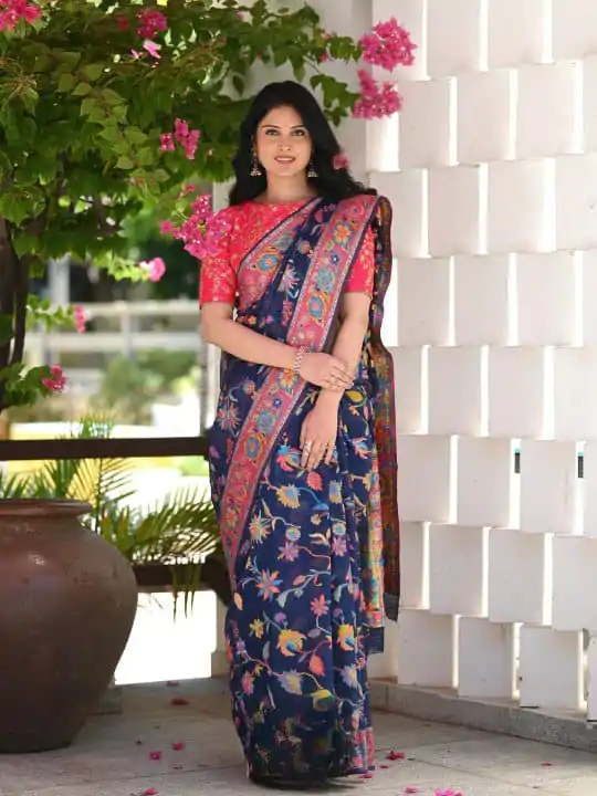 Graceful Blue Color Kashmiri Running Thread Zari Work Saree