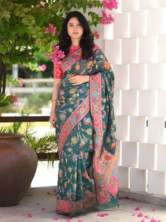 Graceful Green Color Kashmiri Running Thread Zari Work Saree