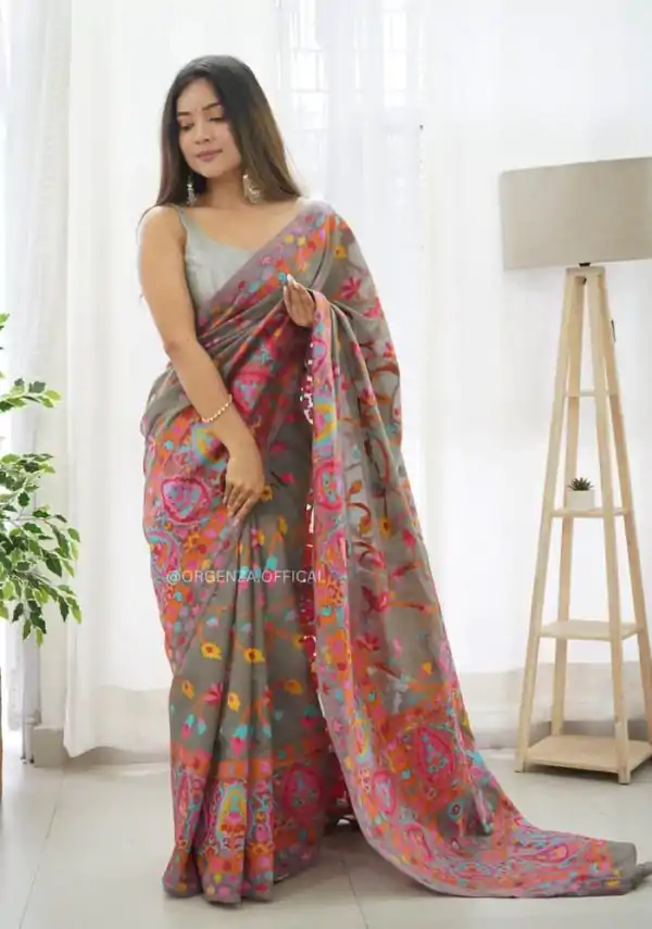Graceful Grey Color Kashmiri Running Thread Zari Work Saree