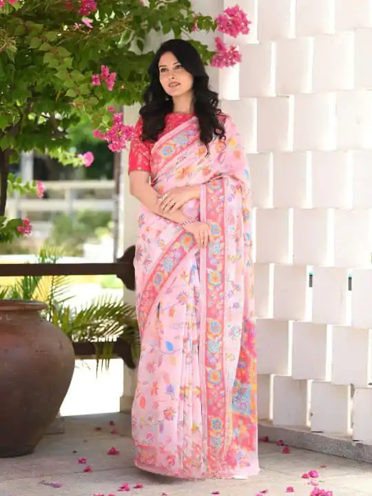 Graceful Pink Color Kashmiri Running Thread Zari Work Saree