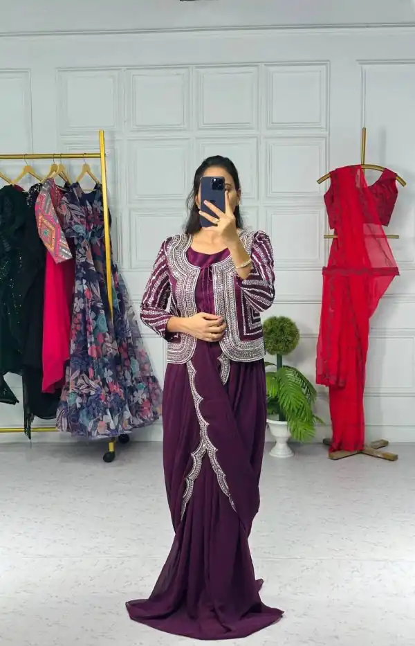 Graceful Purple Color Georgette Koti Embroidery Lehenga Saree