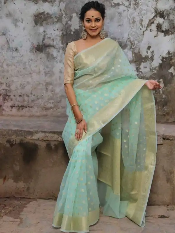 Grand Aqua Marine Color Organza Jacquard Butti Worked Saree