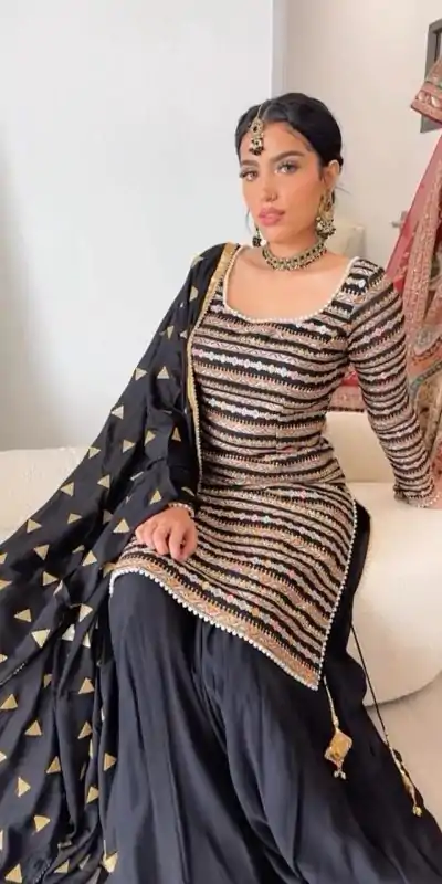 Grand Black Color Chinon Silk Thread Sequence Work Salwar Suit