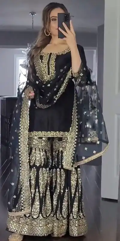 Grand Black Color Georgette Embroidery Sequence Sharara Suit