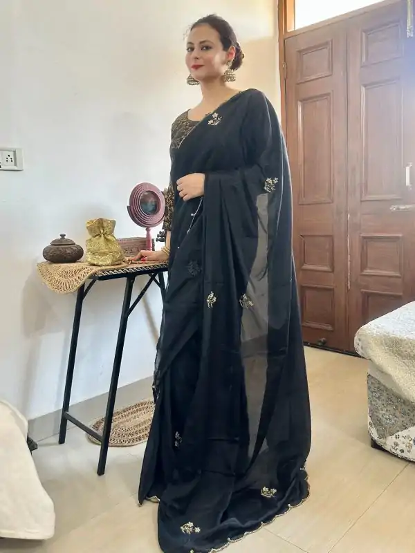 Grand Black Color Soft Chinnon Hand Work Flower Design Saree