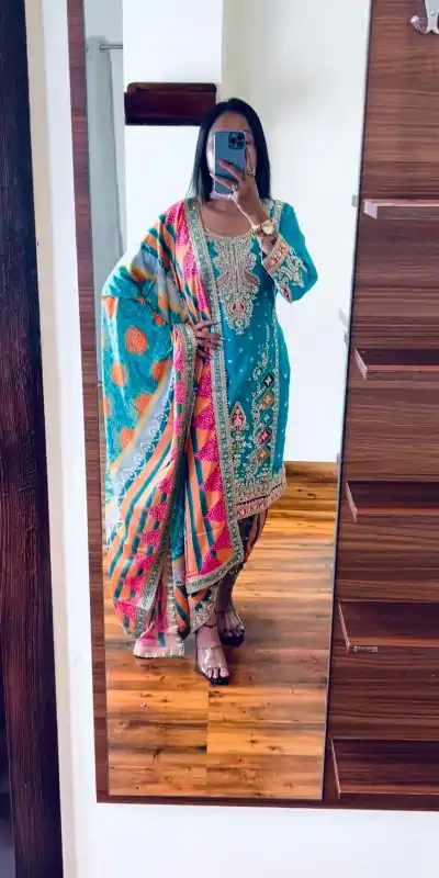 Grand Blue Color Chinnon Embroidery Sequence Sharara Suit