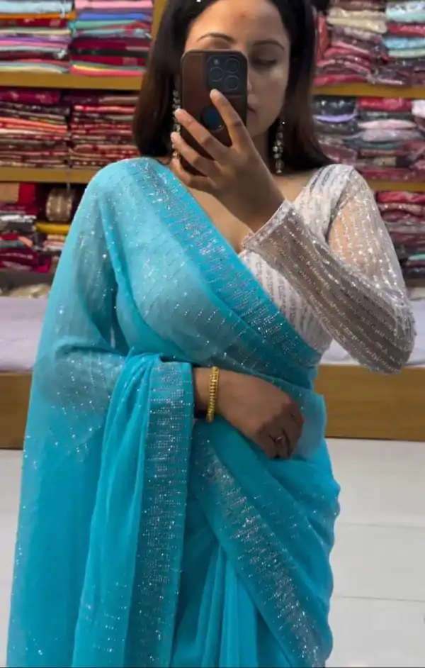 Grand Blue Color Georgette Shining Diamond All Over Saree