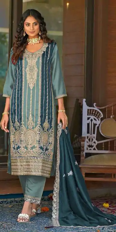 Grand Blue Vichitra Embroidery Codding Sequence Salwar Suit