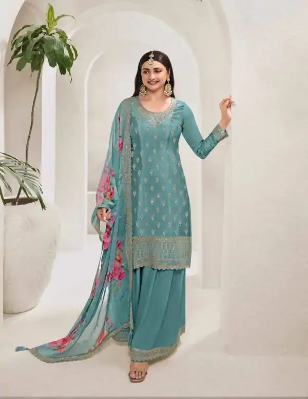 Grand Blue Viscose Chinon Embroidered Sequence Salwar Suit