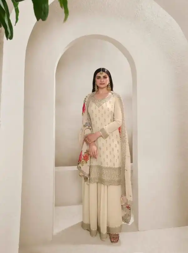 Grand Cream Viscose Chinon Embroidered Sequence Salwar Suit