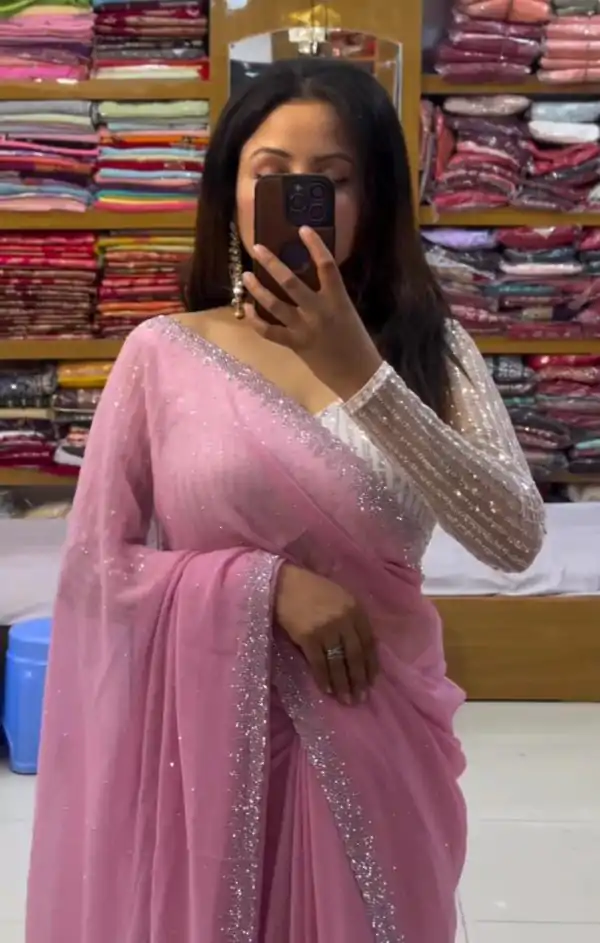 Grand Light Pink Color Georgette Shining Diamond All Over Saree