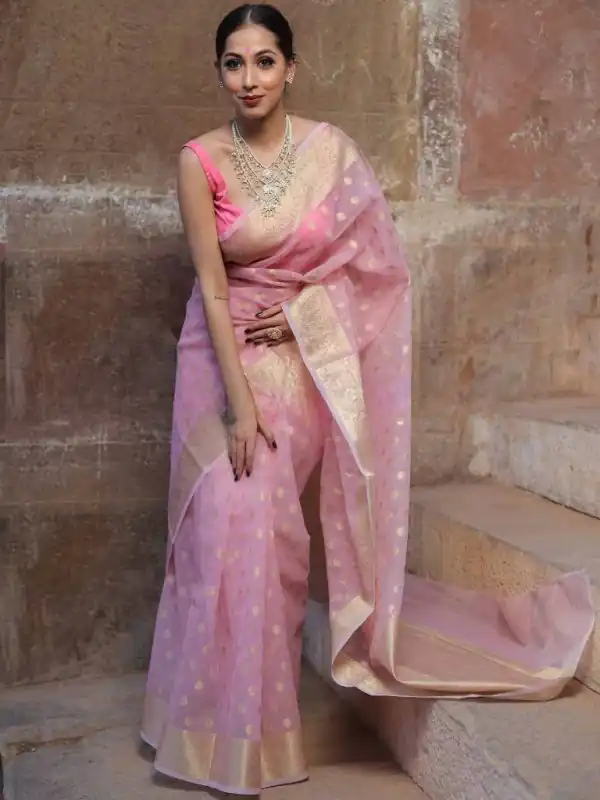 Grand Light Pink Color Organza Jacquard Butti Worked Saree