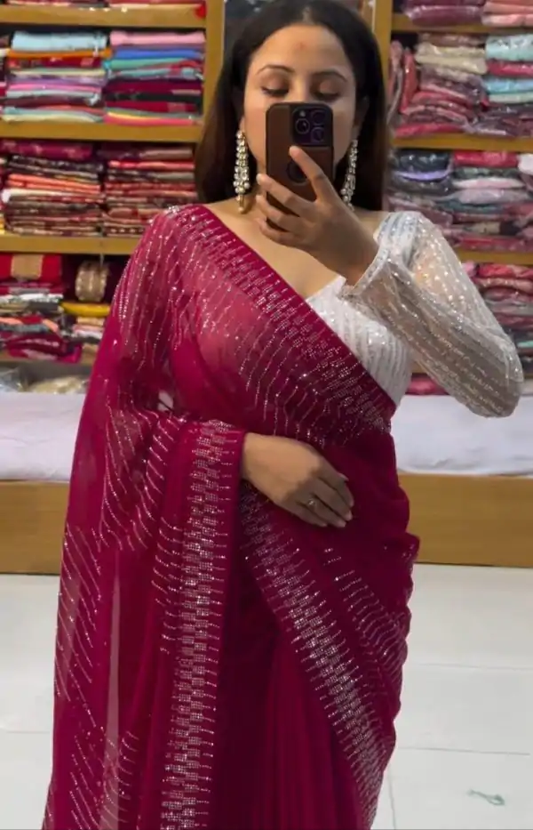 Grand Maroon Color Georgette Shining Diamond All Over Saree