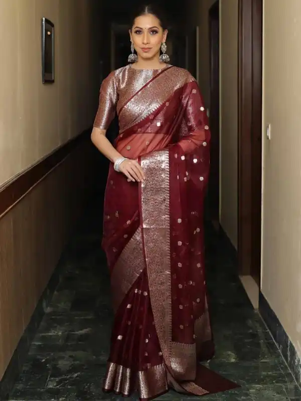 Grand Maroon Color Organza Jacquard Butti Worked Saree