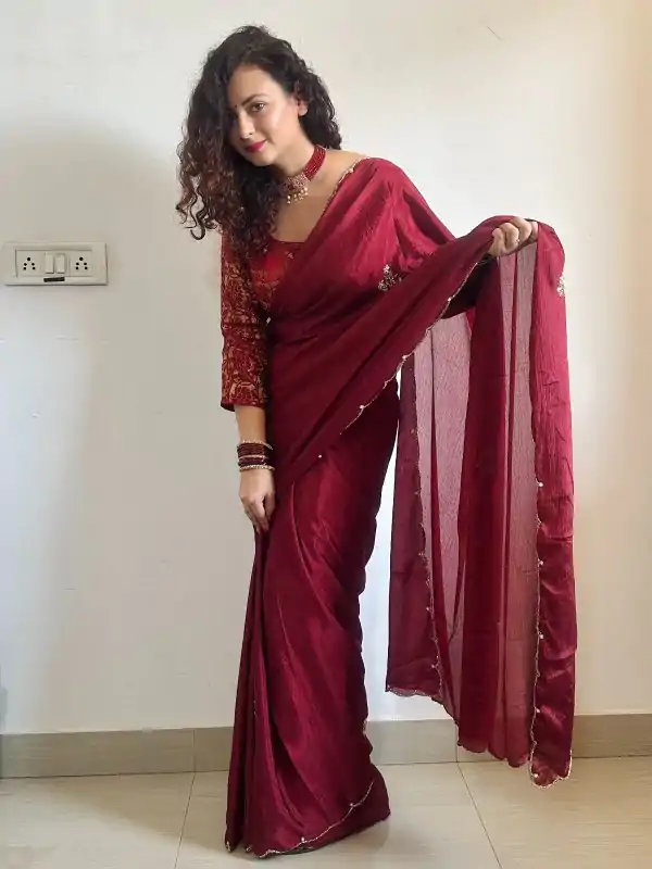 Grand Marron Color Soft Chinnon Hand Work Flower Design Saree