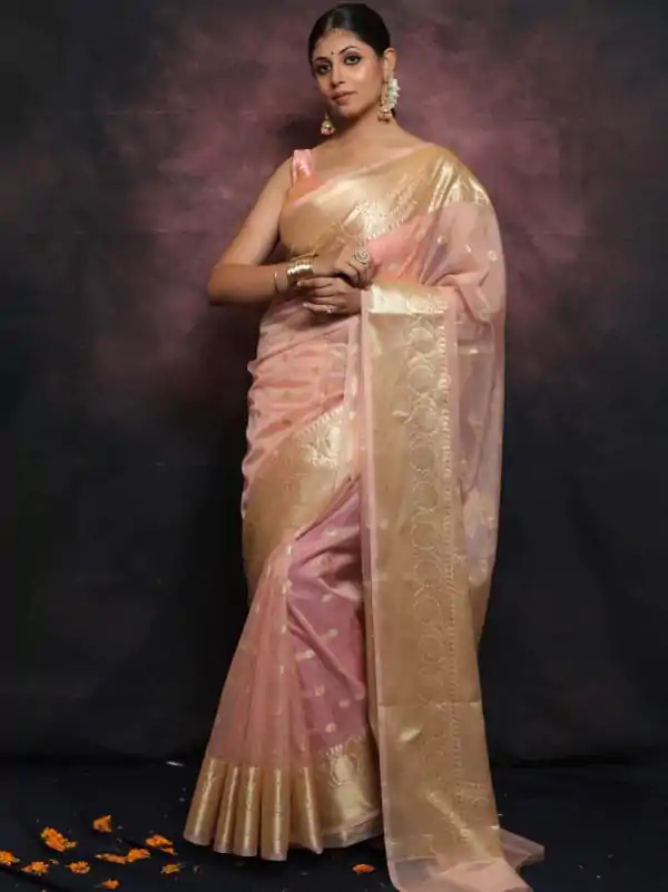 Grand Peach Color Organza Jacquard Butti Worked Saree