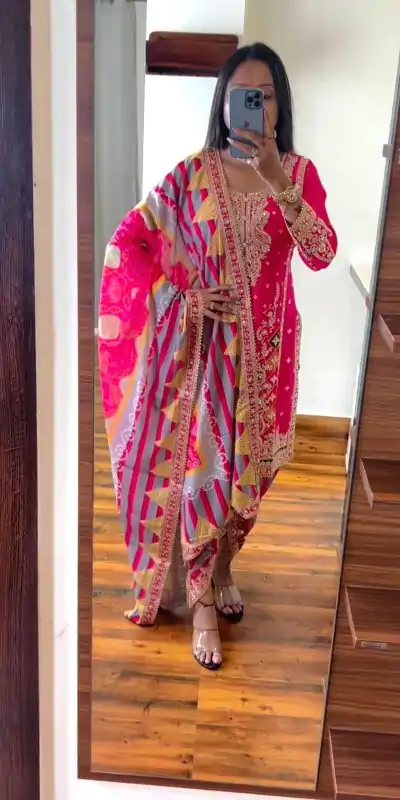 Grand Pink Color Chinnon Embroidery Sequence Sharara Suit