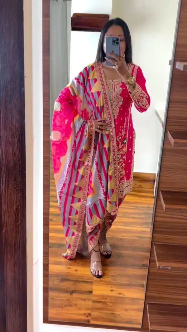 Grand Pink Color Chinnon Embroidery Sequence Sharara Suit