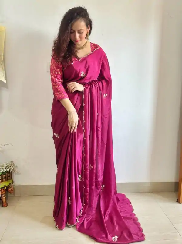 Grand Pink Color Soft Chinnon Hand Work Flower Design Saree