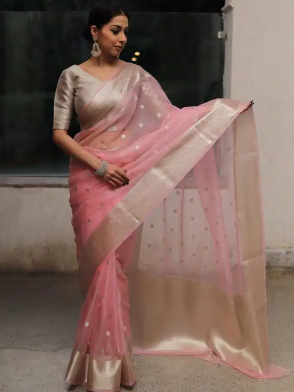 Grand Pink Color Organza Jacquard Butti Worked Saree