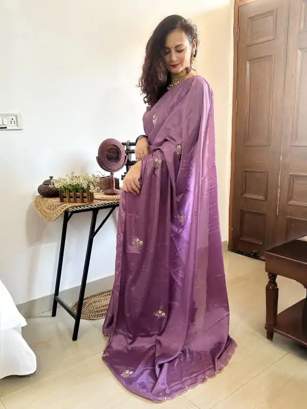 Grand Purple Color Soft Chinnon Flower Design Handwork Saree