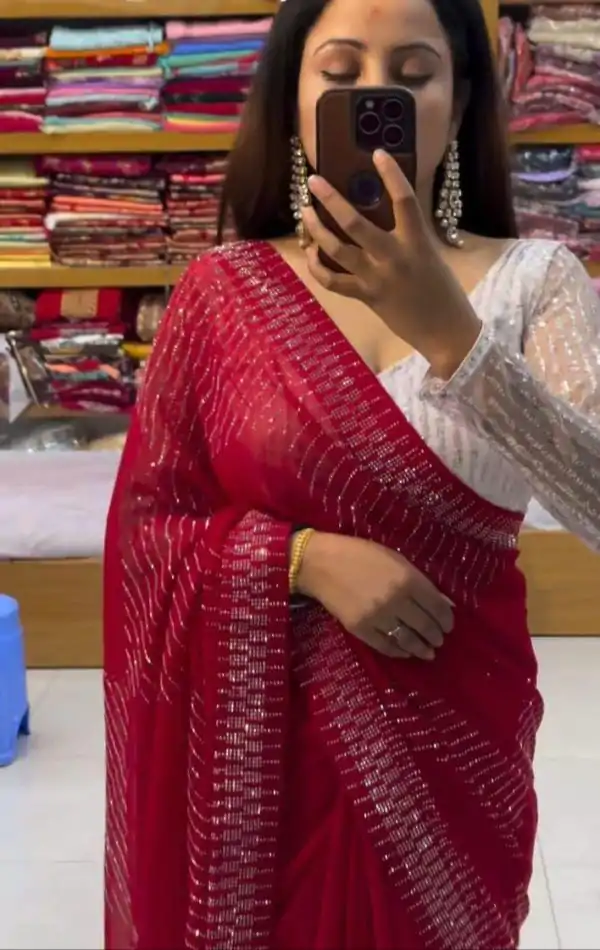 Grand Red Color Georgette Shining Diamond All Over Saree